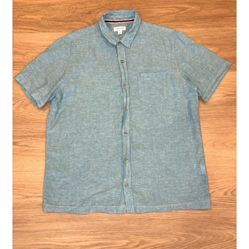 Sun + Stone heather linen cotton blend short sleeve button up shirt mens Large